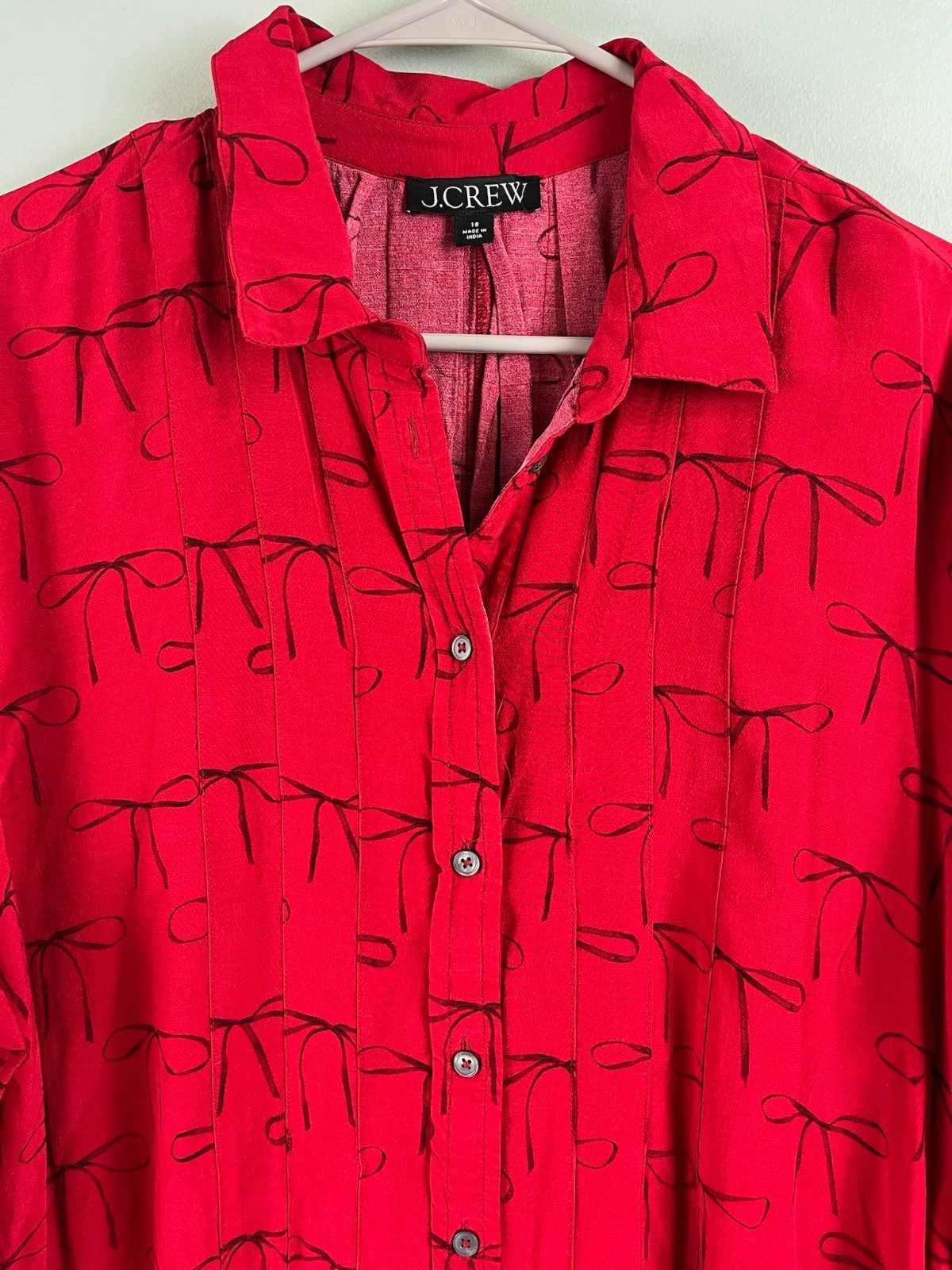 J.Crew Drapey Pleated Bow Print Red Shirtdress Womans Size 18 Cute Preppy