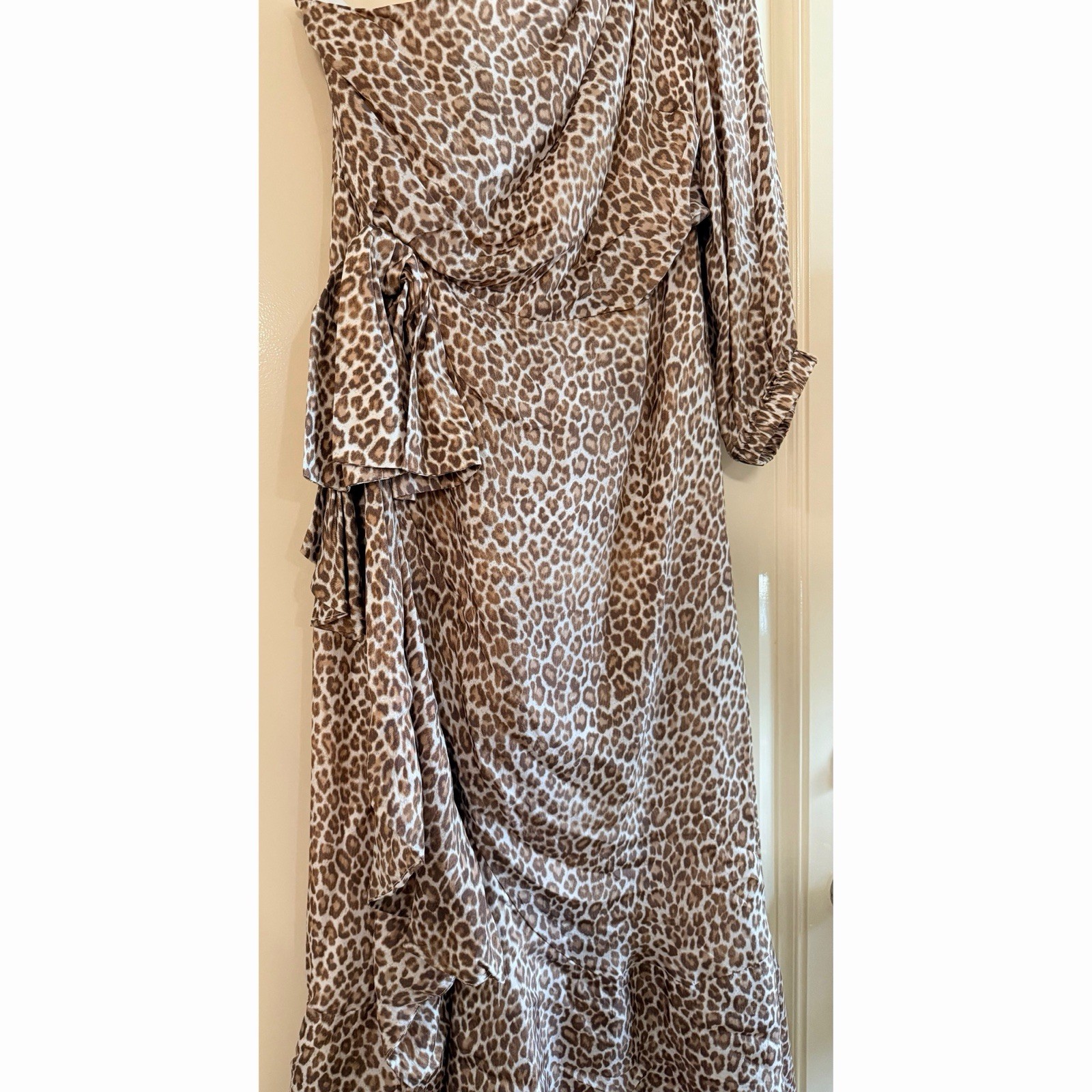 J. Crew Collection Tan Satin Leopard Print One Shoulder Dress, Size 12