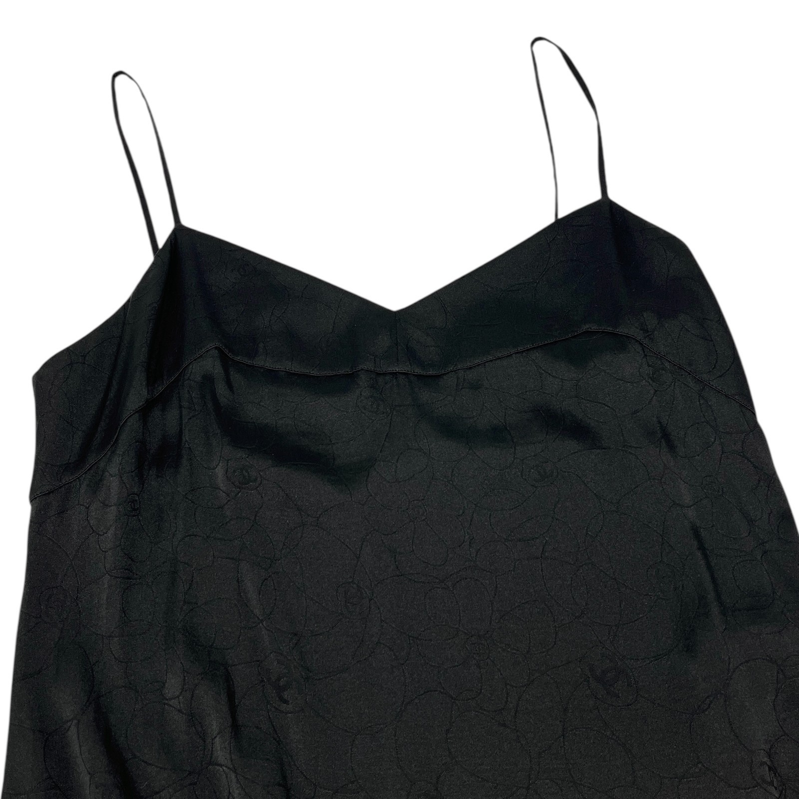 CHANEL Vintage 01P CC Logo Dress One-piece Flower Camellia Button Black Silk