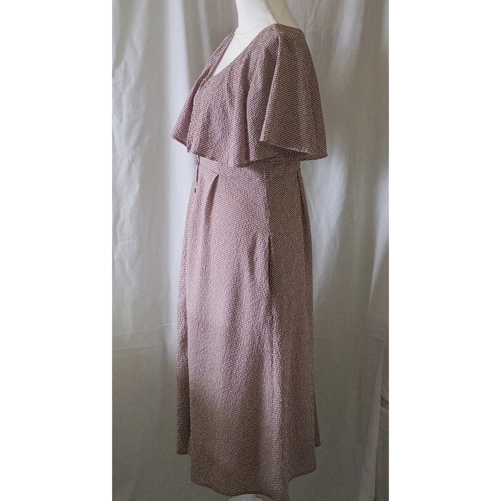 ODDY Beige Prairie Gingham Button Front Capelet Midi Dress Crisscross Back Small