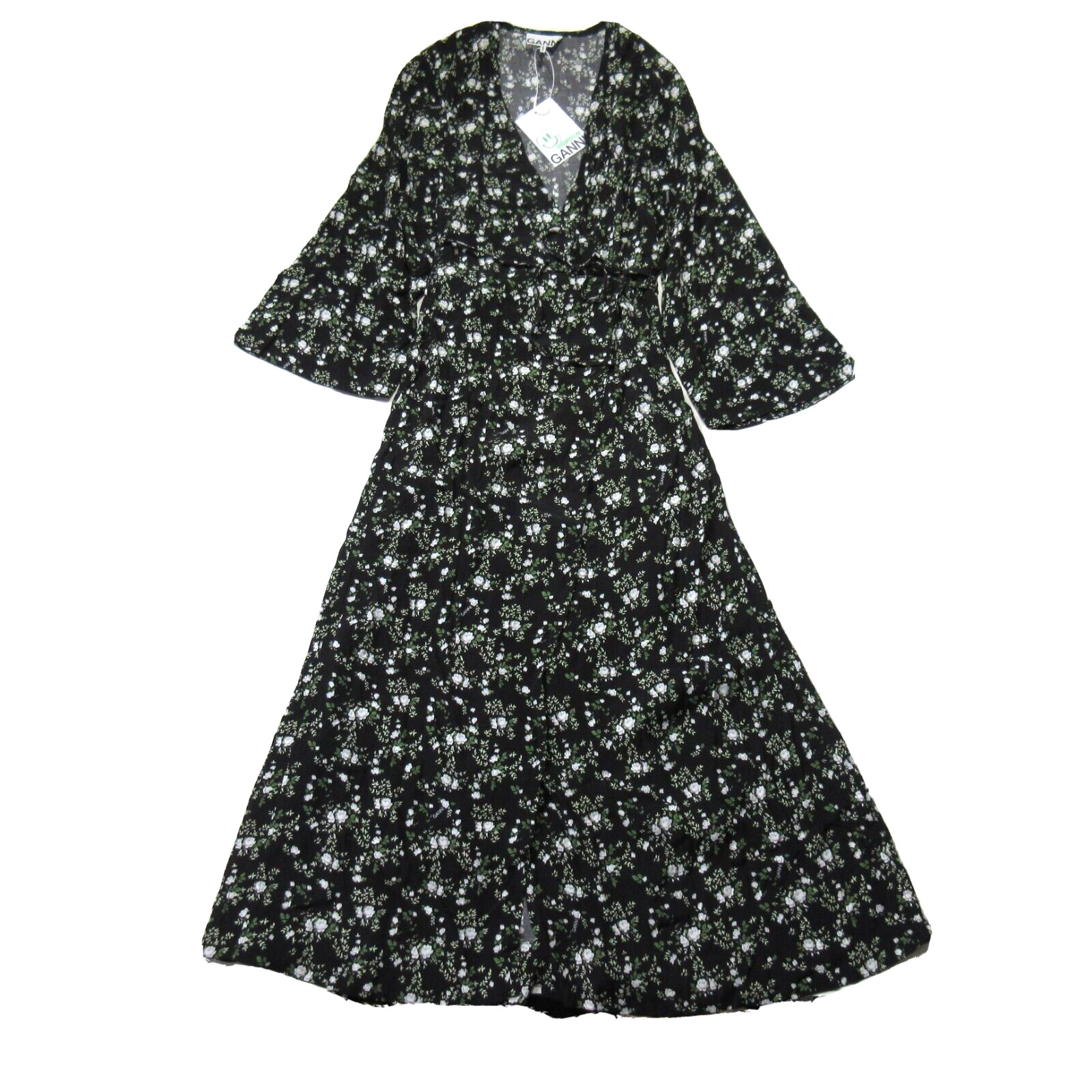 NWT GANNI Floral Printed Crepe Wrap Midi in Phantom Black Dress 34 US 2 $285
