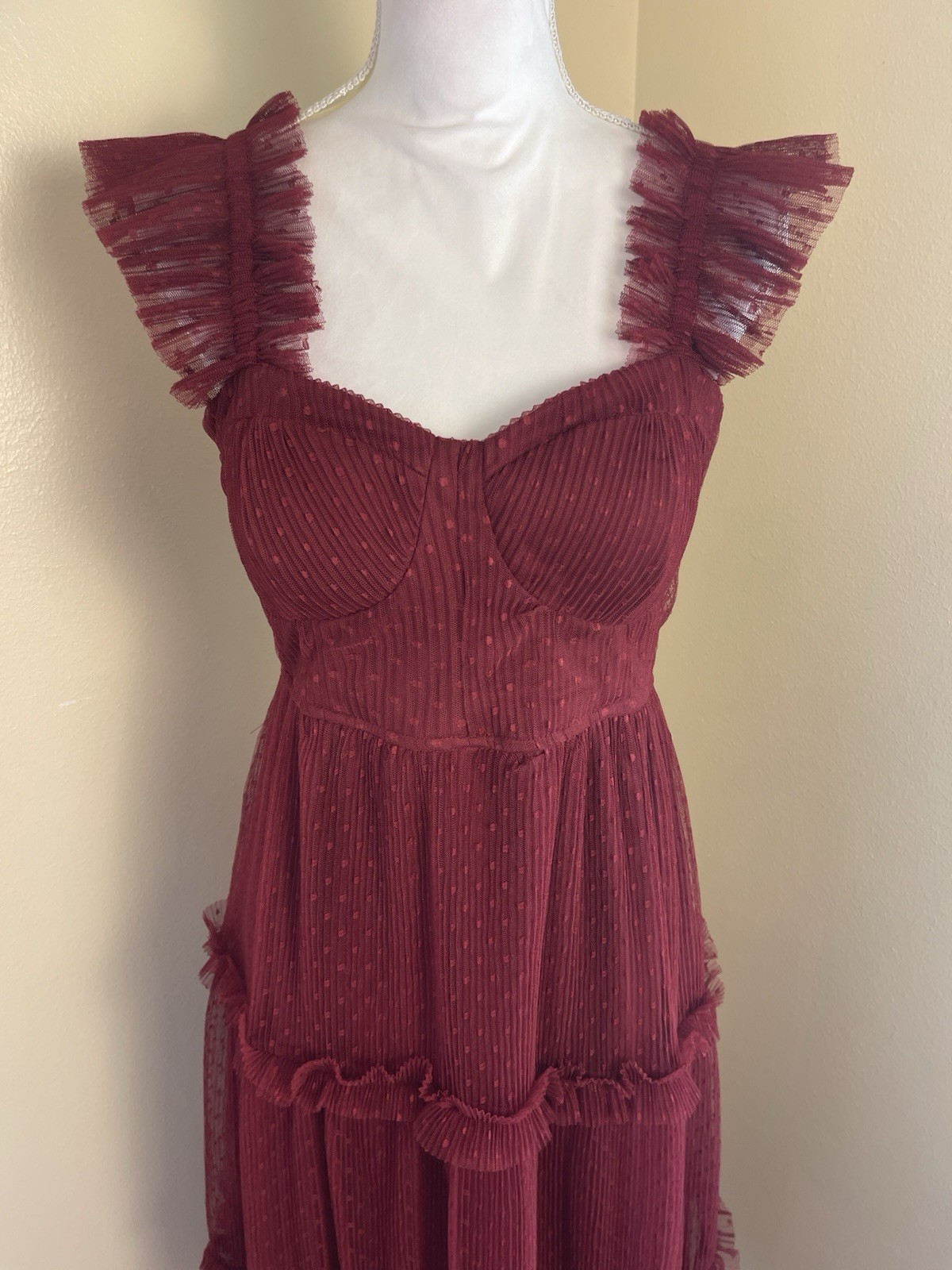 Whimsy Goth Burgundy Mesh Bustier Midi Dress M Swiss Dot Tiered Skirt Fairycore