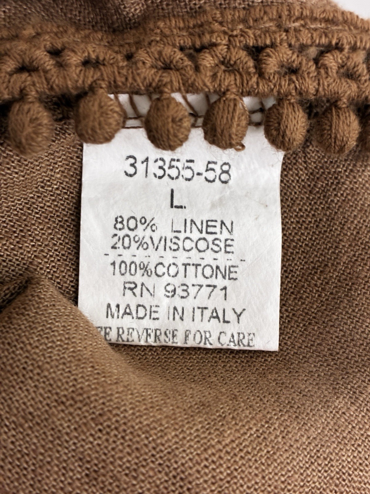 Cristina Vergano Brown Linen Blend Slip Dress L Scoop Neck Knee Pom-Pom