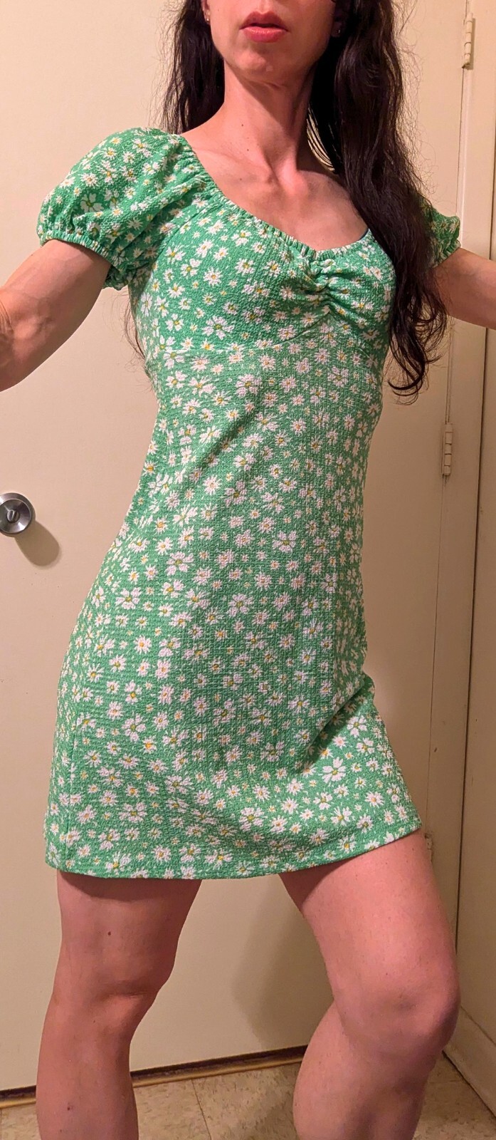 Green white yellow floral print tropical dress S puff sleeve sweetheart neckline