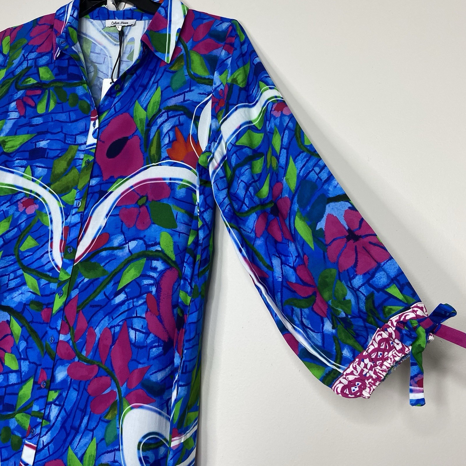 Celina Moon Blue Floral Button Front Midi Dress Pocket Long Sleeve Sz Large