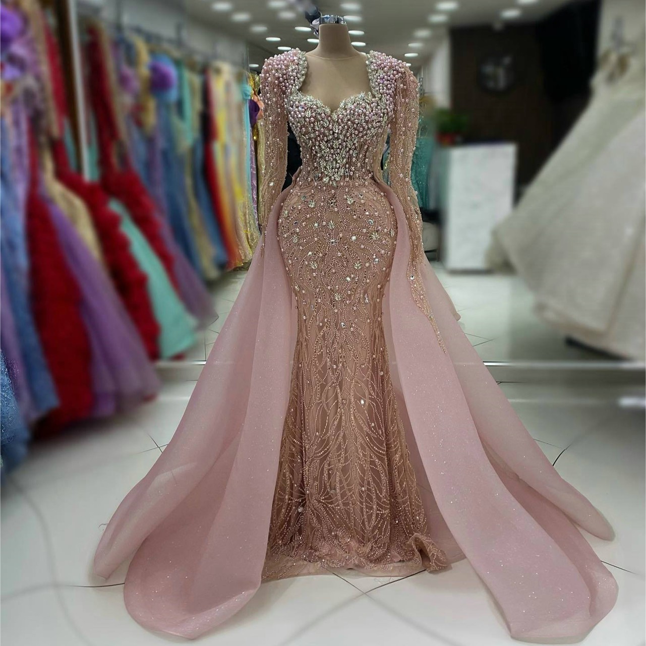 Pink Beaded Mermaid Evening Dresses Long Sleeves Sequins Formal Prom Party Gowns
