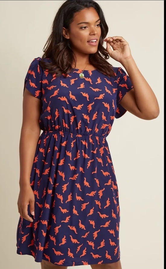 Dinosaur Print Dress Navy Orange Short Sleeve Size Large Mom Teacher Party USA