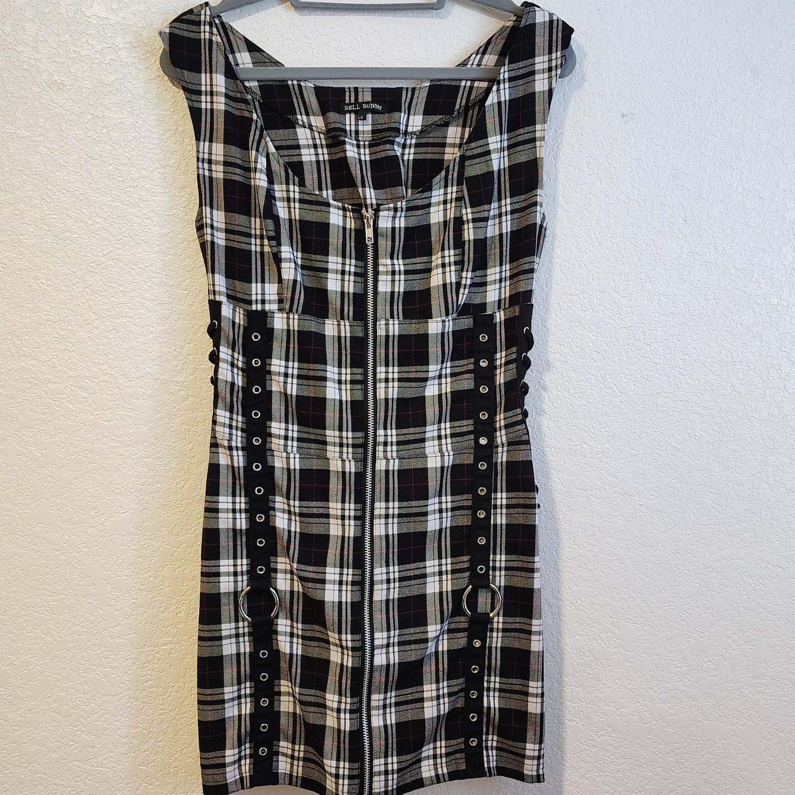 Hell Bunny Size Large Black White Plaid Corset Dress O-Rings Lace Up Sides Back