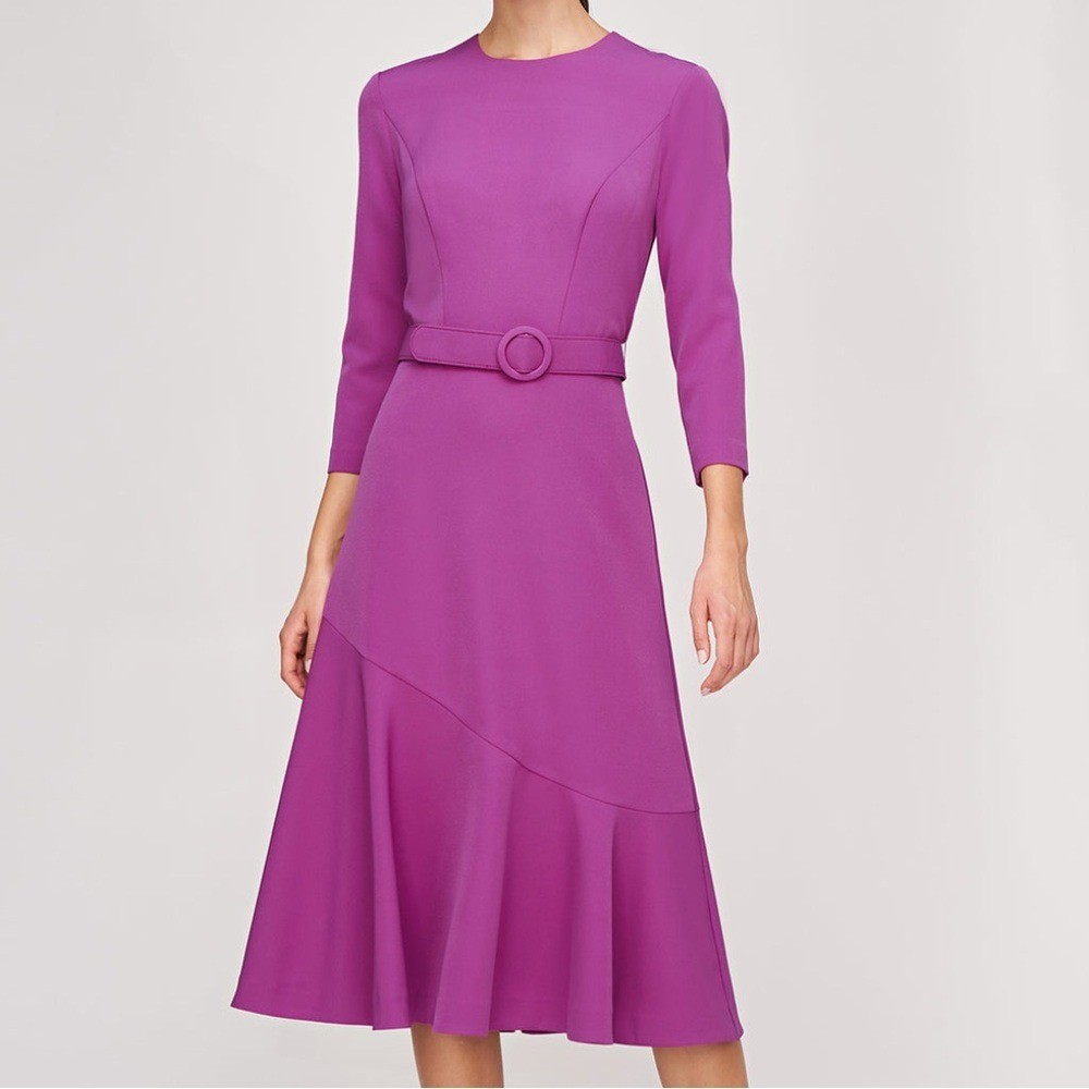 Kay Unger Polly Cerise Pink Midi Dress Belted Long Sleeve Fit Flare Size 6 NWT