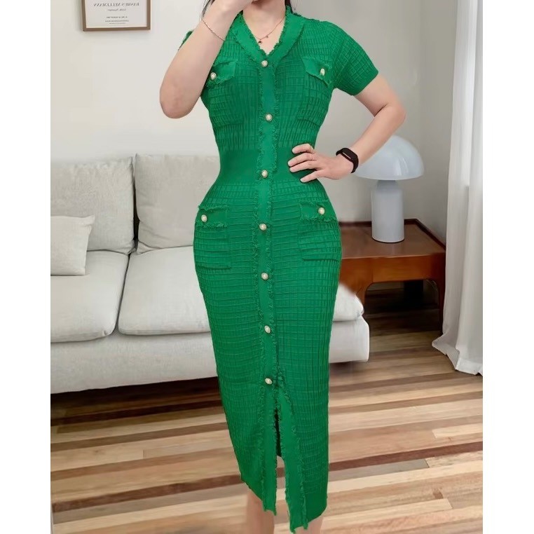 Green Knit Midi Dress Button Down Short Sleeve Fringe Size S/M Very Stretchy