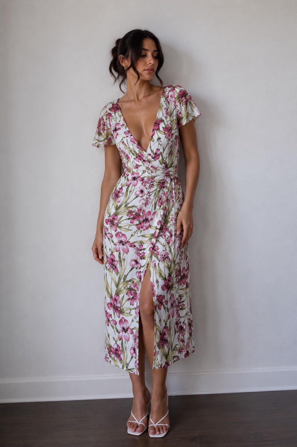 June And Hudson Midi Wrap Dress Womens S Pink Floral Spring Summer