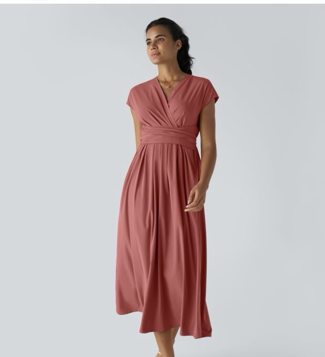 Halara NWT Rust Red A-Line Dress M V-Neck Cap Sleeve Midi Tie Waist