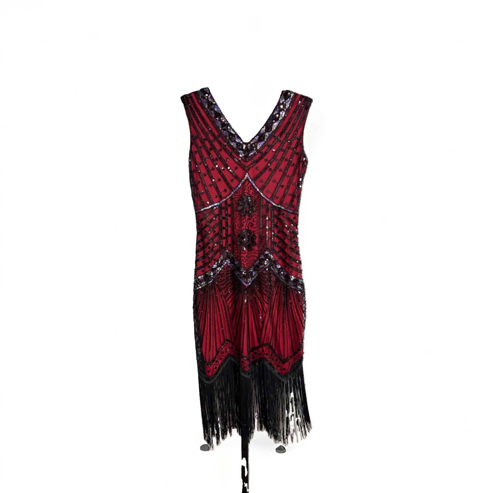 BABEYOND Women Flapper Dress Small Red Black Sequin Beaded Fringe 1920s NEW W149