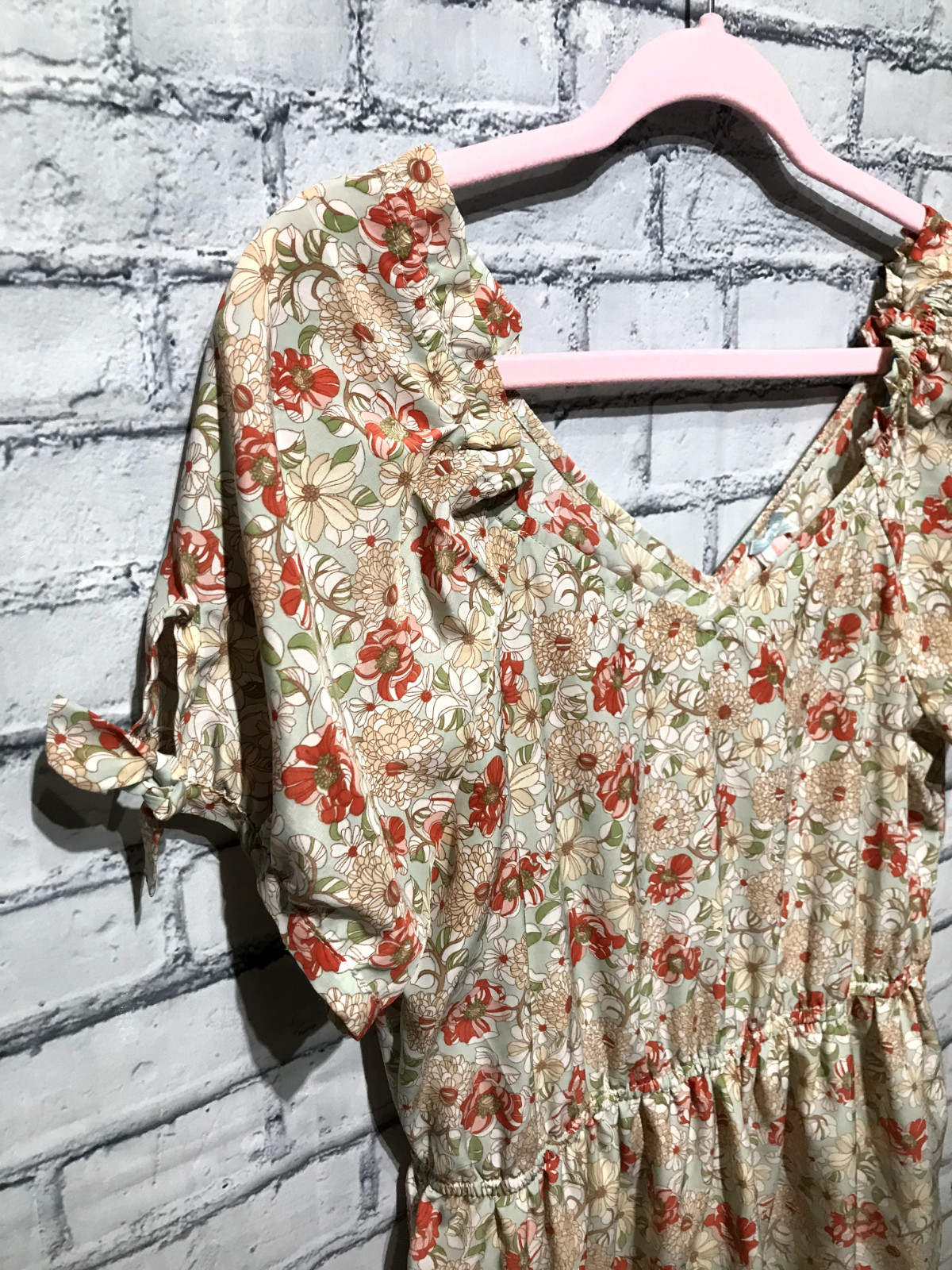 Downest, Women M, Beige Floral Short Sleeve Non-Stretch Cottagecore Dress