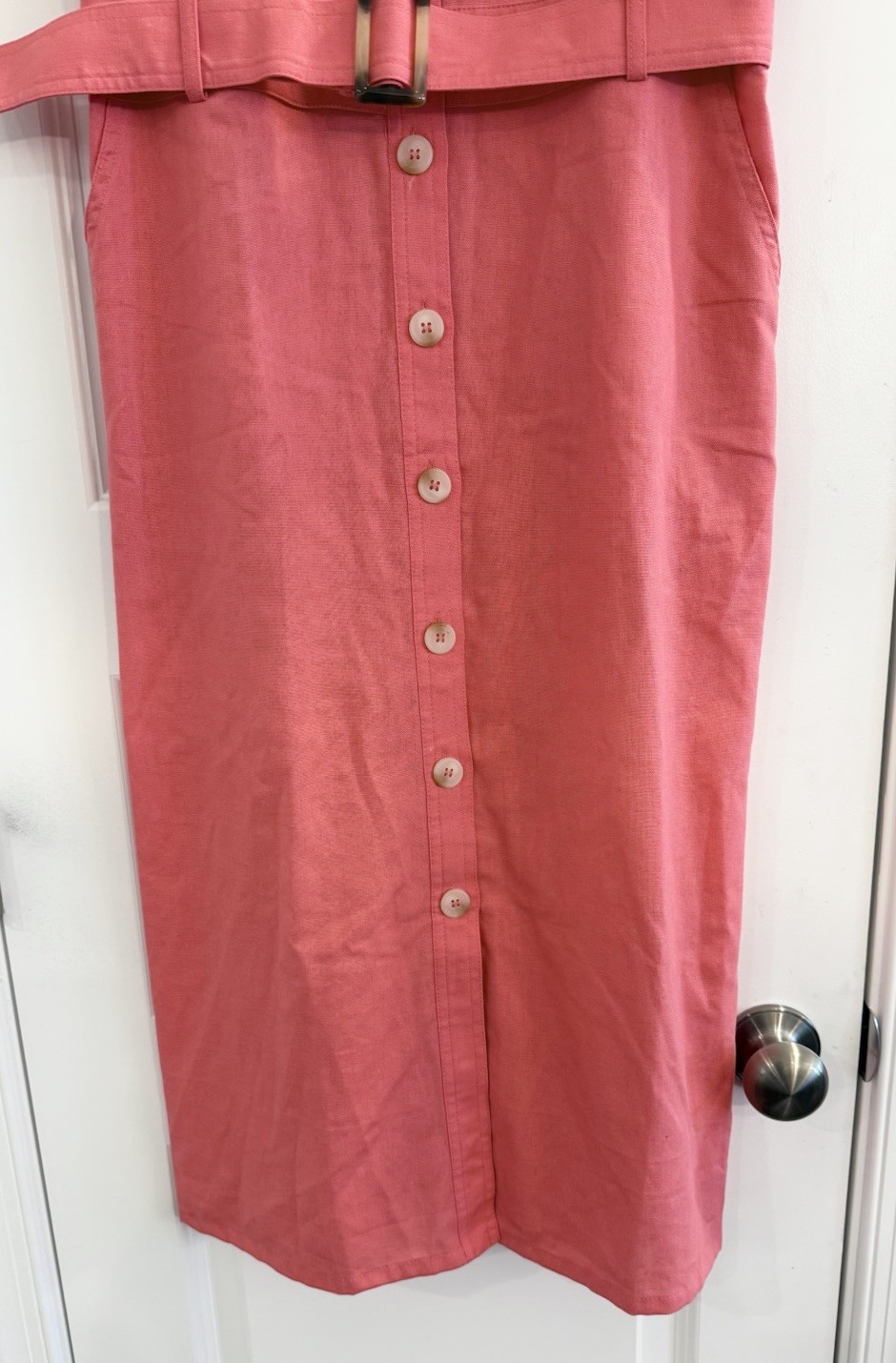 Linen Blend Button Front Shirt Dress Coral Belted Size M NEW