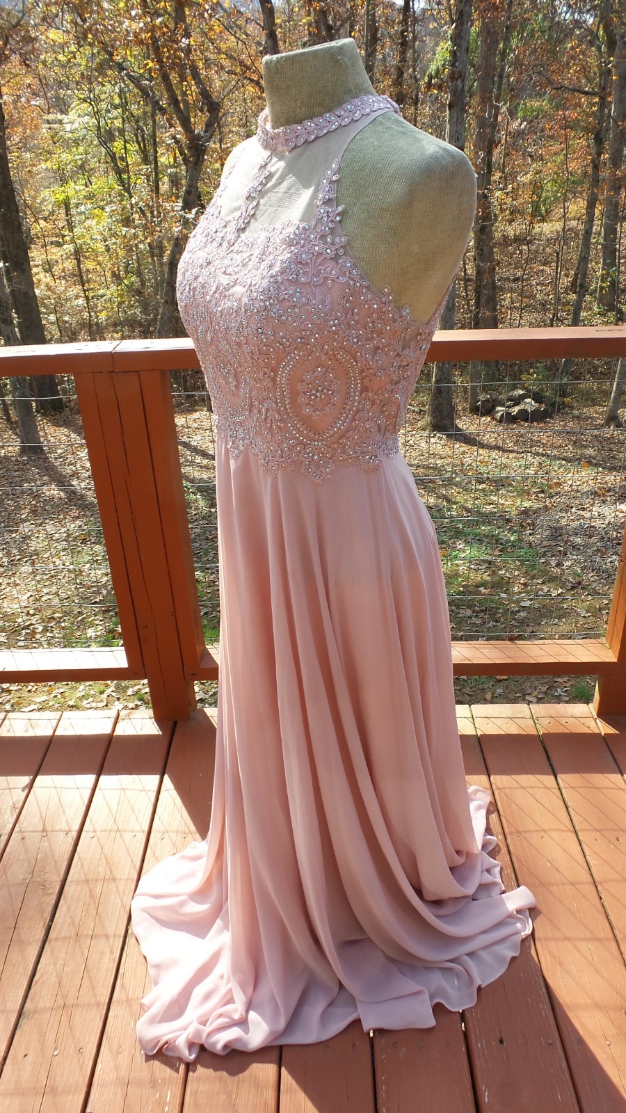 DANCING QUEEN Rose Pink Chiffon Beaded Formal Holiday Party Prom Dress size L