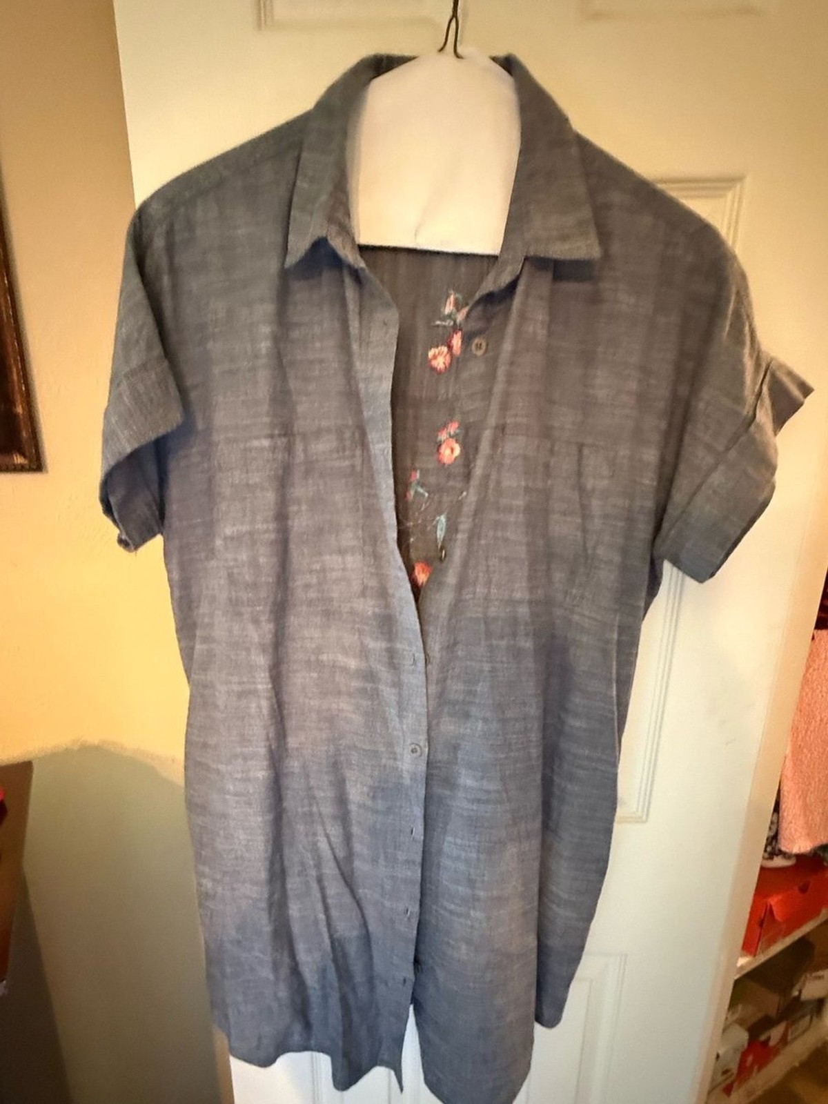 Kayla Seo Vintage Short-Sleeve Button-Up Shirt/dress in Heather Blue