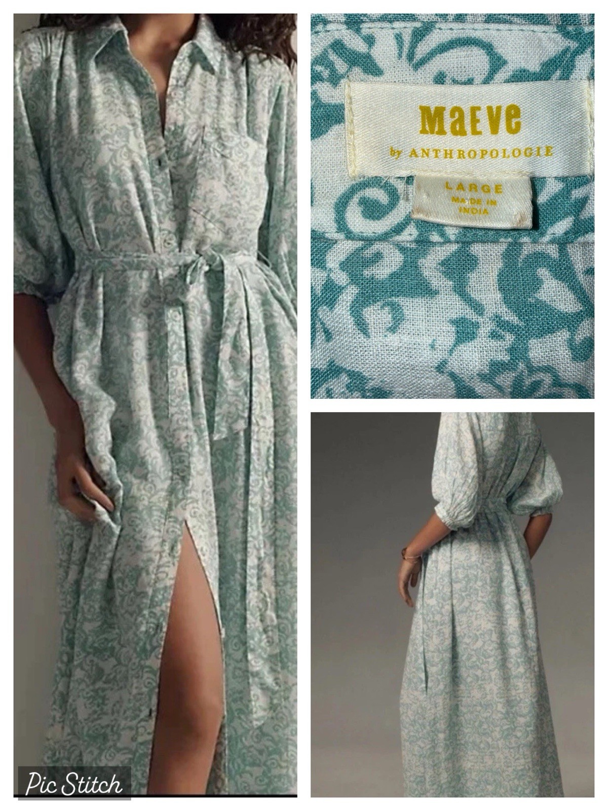 Anthropologie Maeve Irene Linen Shirt Dress Button Down Belt Sky Blue Sz L EUC