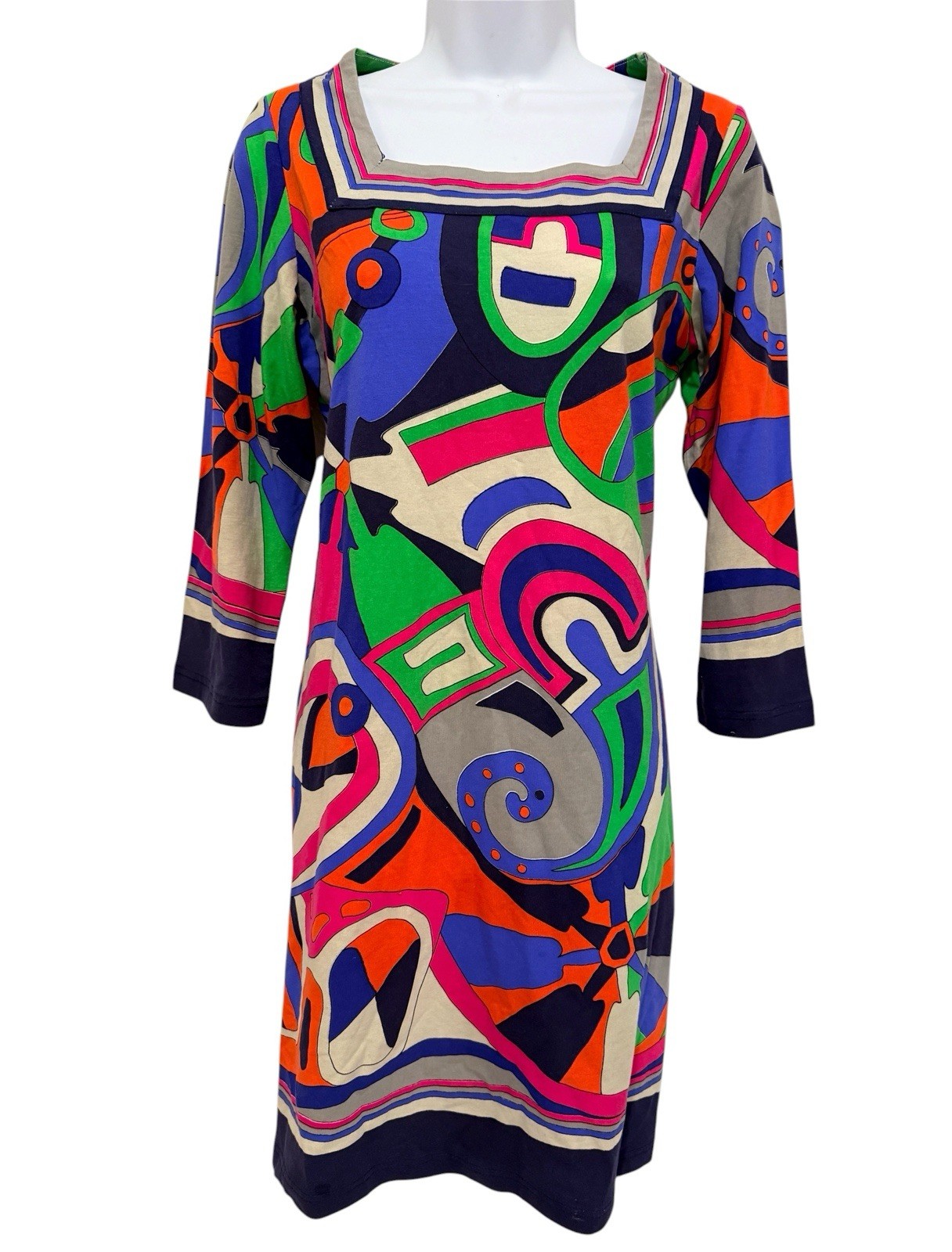 Barbara Gerwit Dress Mod Print 3/4 Sleeve Stretch Cotton Retro Knee Length