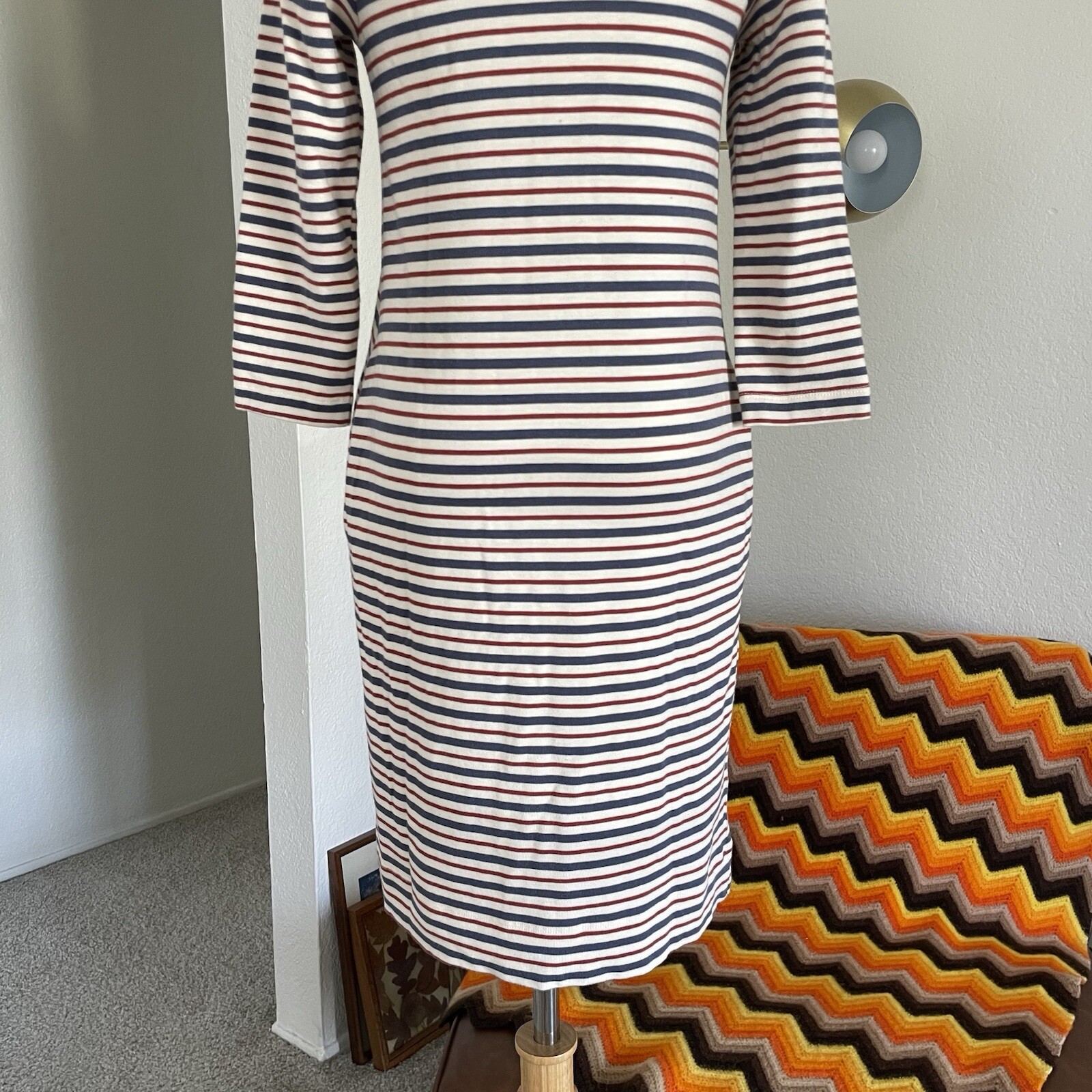 Marine Layer April Stripes Pocket Mini Shirt Dress XS Cream Blue Red