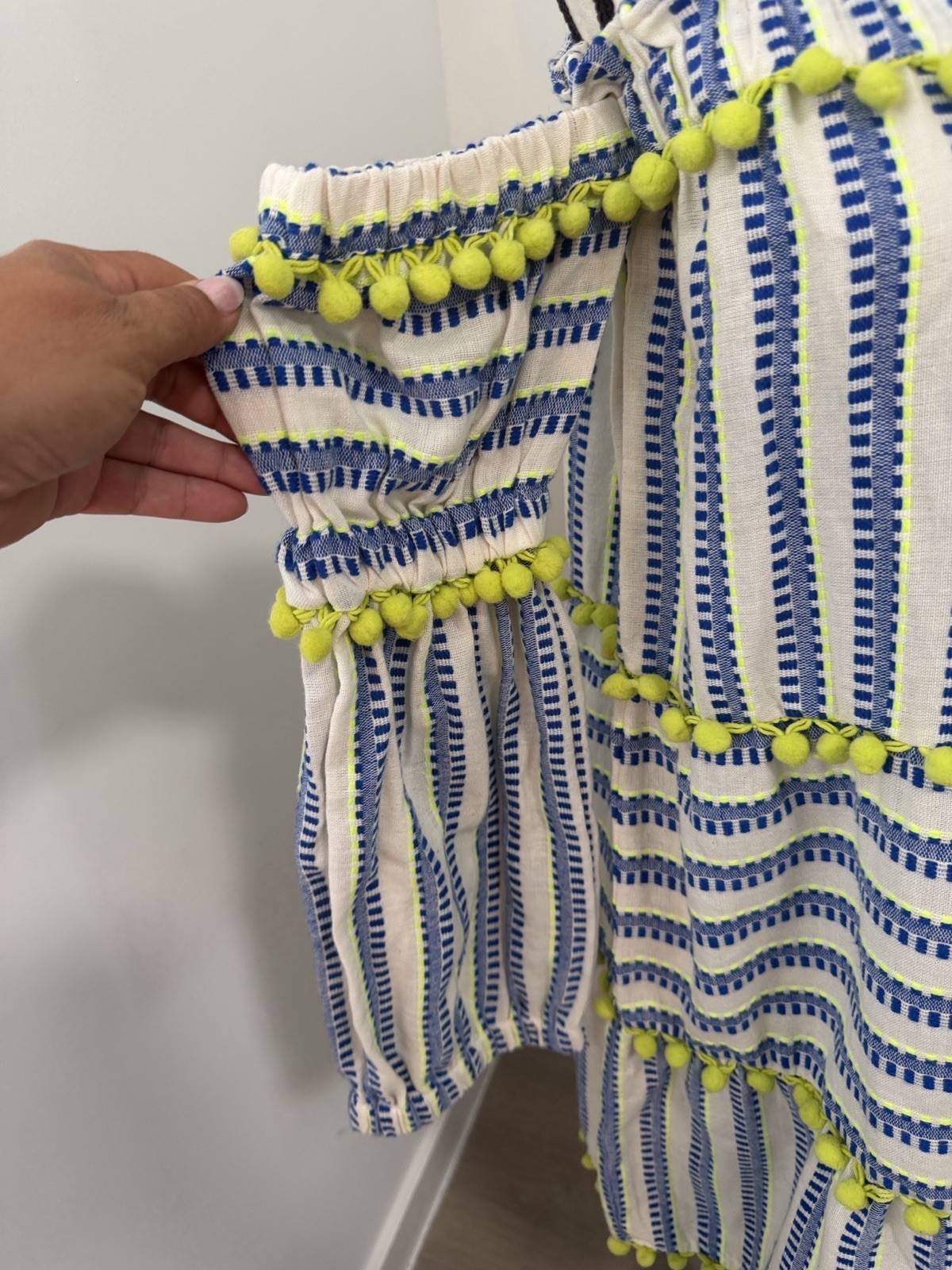 Anthropologie White Blue Green Striped Off Shoulder Pom-Pom Cotton Mini Dress S