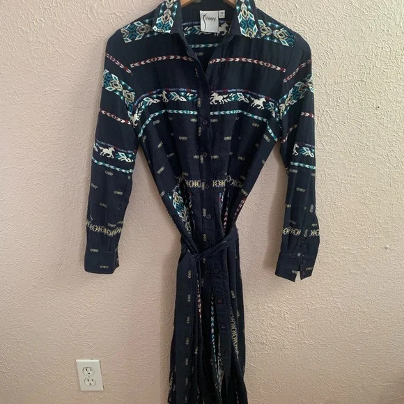 Finley Jeanette Taos in Navy Blue Western Horse Embroidered Shirt Dress XS