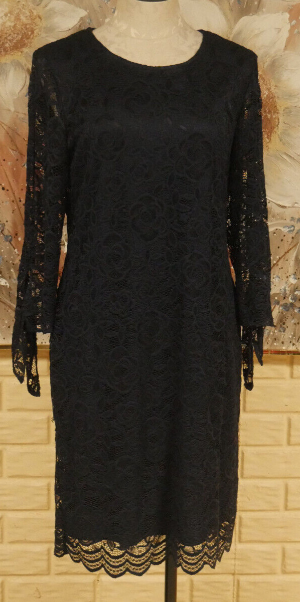 EUC ELEGANT LIZ CLAIBORNE SZ 10 BLUE LACE DRESS SHEER 3/4 SLEEVES / BOTTOM TIES