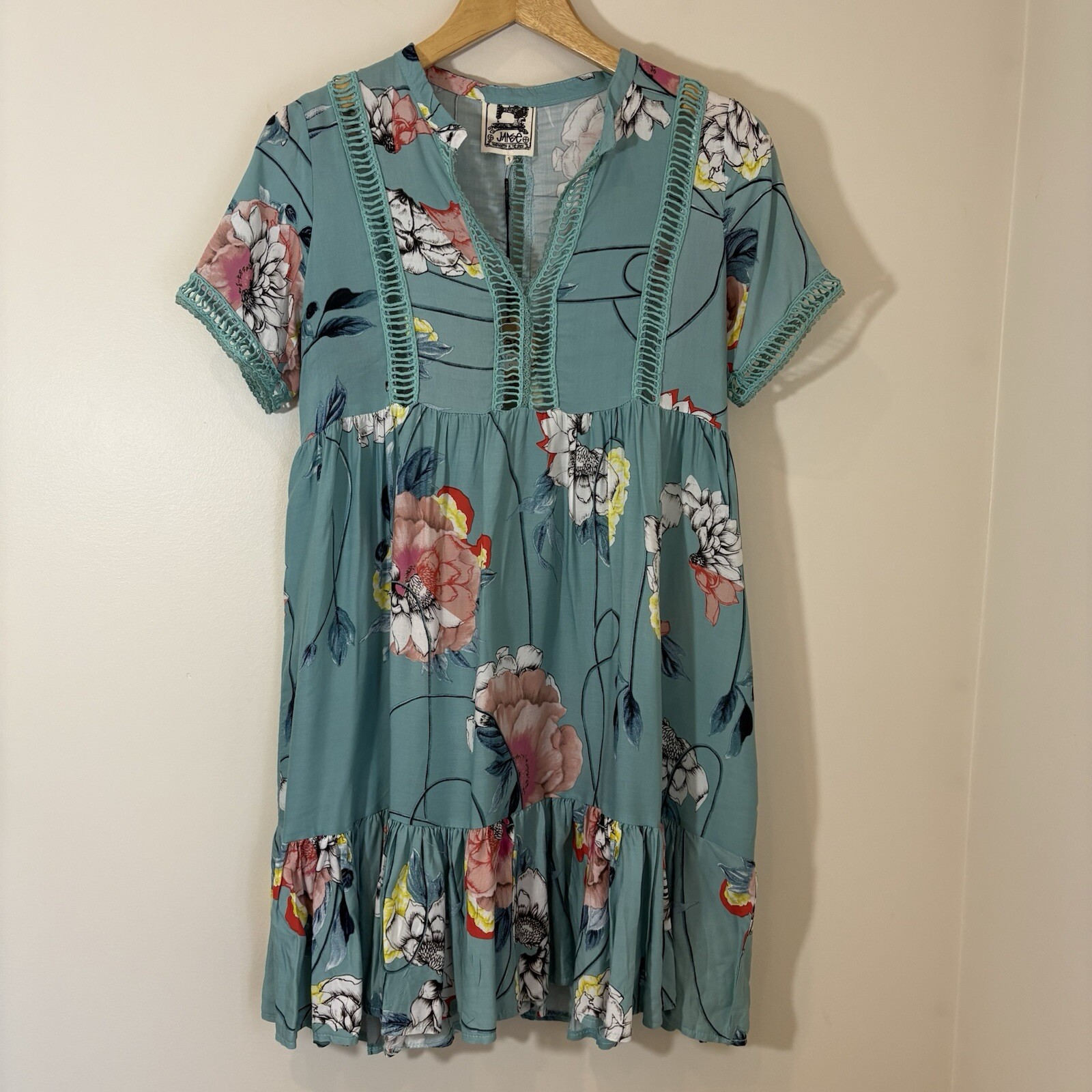 Jaase Womens Blue Floral Dress Size S Ladder Stitch Ruffle Boho Hippie Festival