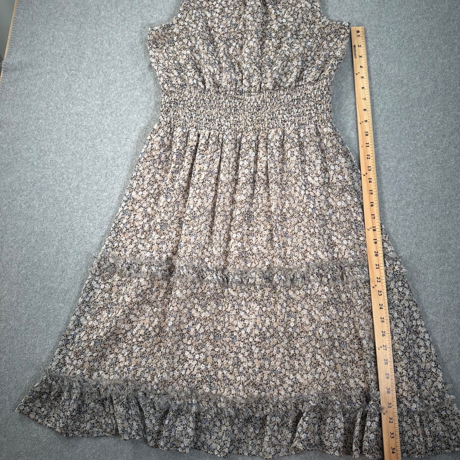 1. State Mock Neck Floral Tiered Midi Dress Size Large Sleeveless Smocked Waist