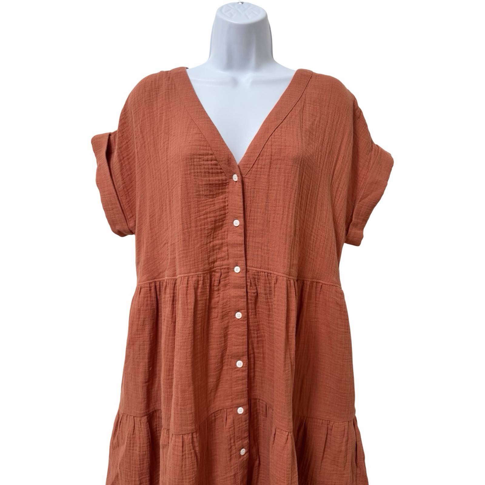 Madewell Lightspun Cuff Sleeve Button Up Tiered Mini Dress Size M Orange Summer