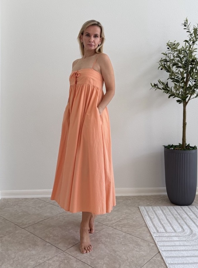 Stitchdrop Coral Orange Lace Up Smocked Maxi Dress Women’s S Cottagecore