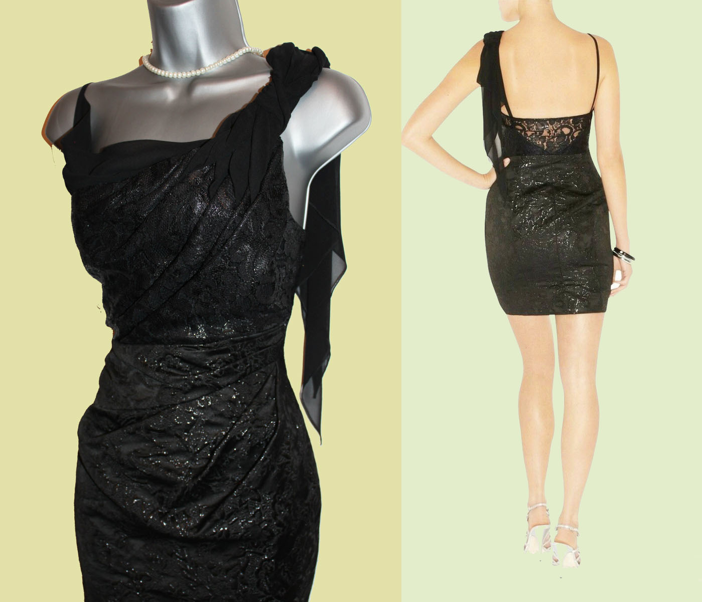 Karen Millen UK 10 Metallic Jacquard Black Lace Chiffon Drape Neck Dress EU 38