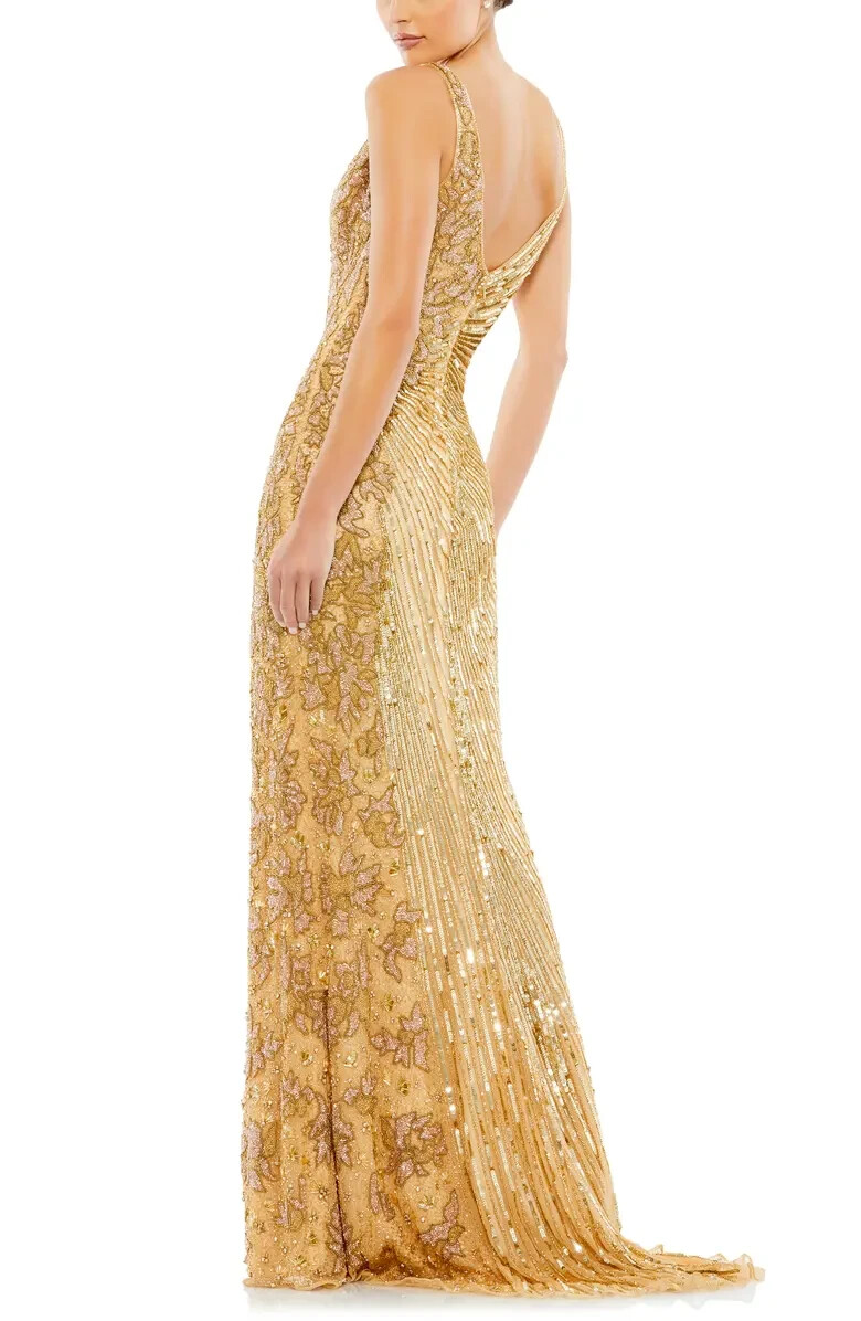 Mac Duggal Gold Pink Beaded Sequin Column Gown Size 2 $598
