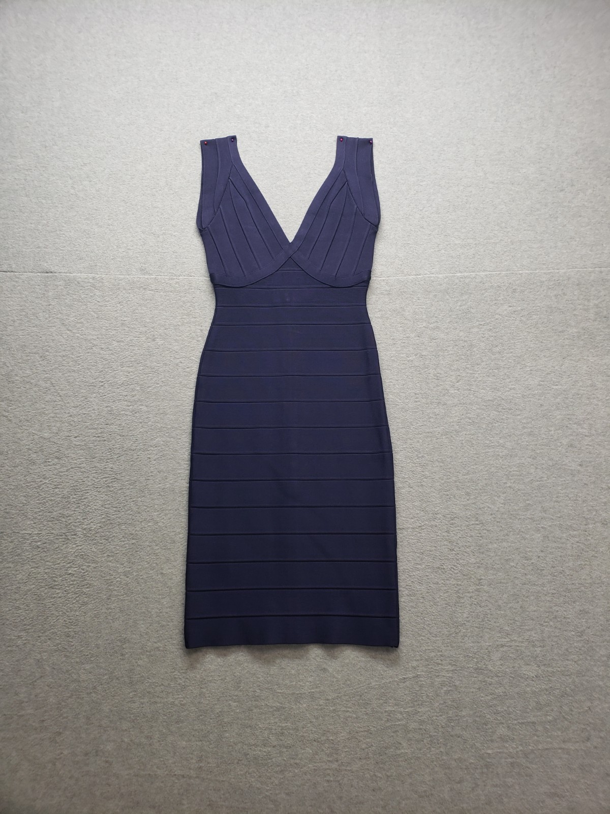 Herve Leger Women Bandage Dress XS Navy Blue V Neck Zip Hook & Eyes Logo Casual