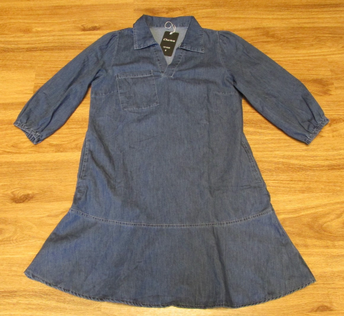 CHARTOU DENIM DRESS LOOSE FIT 3/4 PUFF SLEEVE V-NECK COLLAR POCKETS WOMENS NWT!