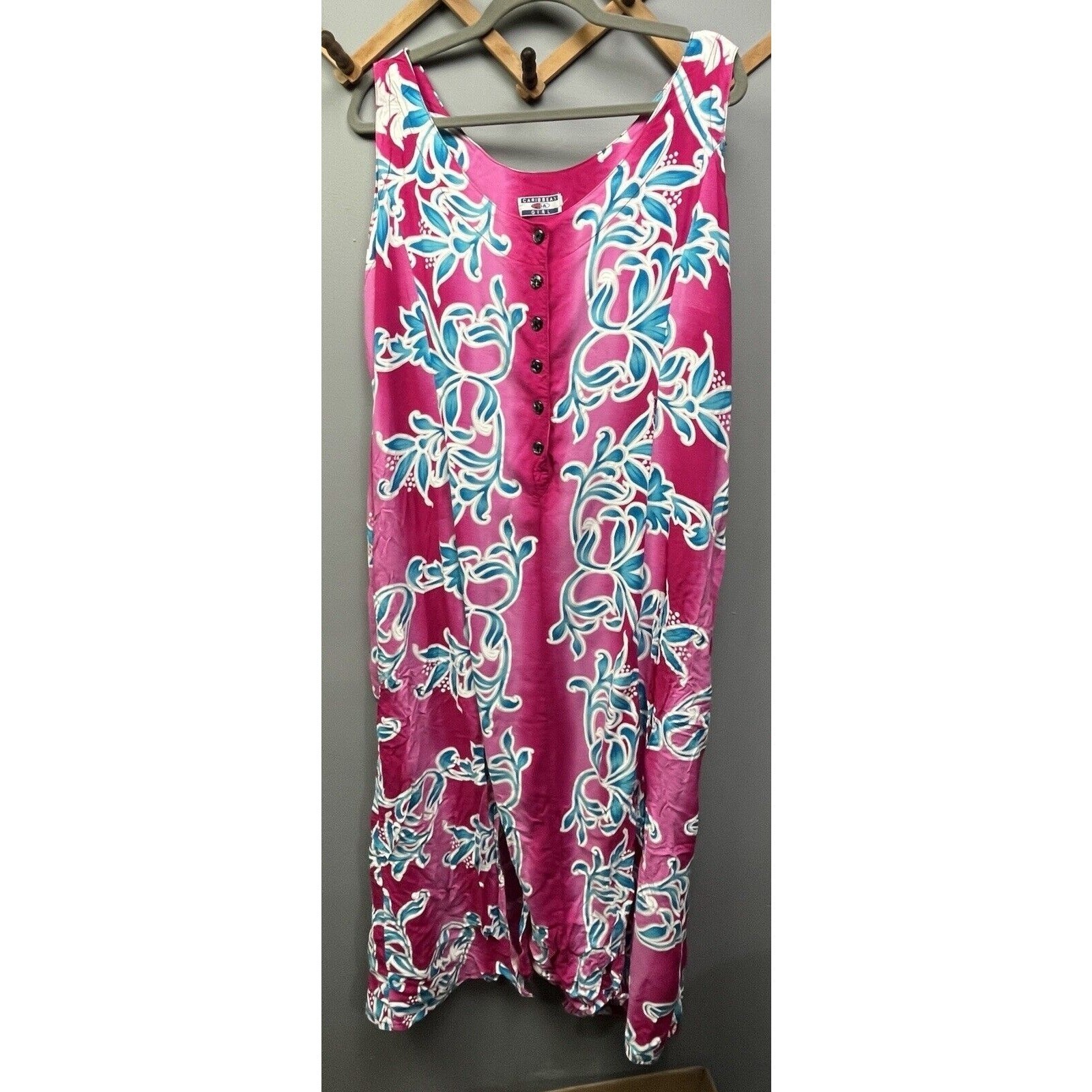 Caribbean Girl Pink Blue Floral Print Rayon Maxi Dress Tie Neck Button Front