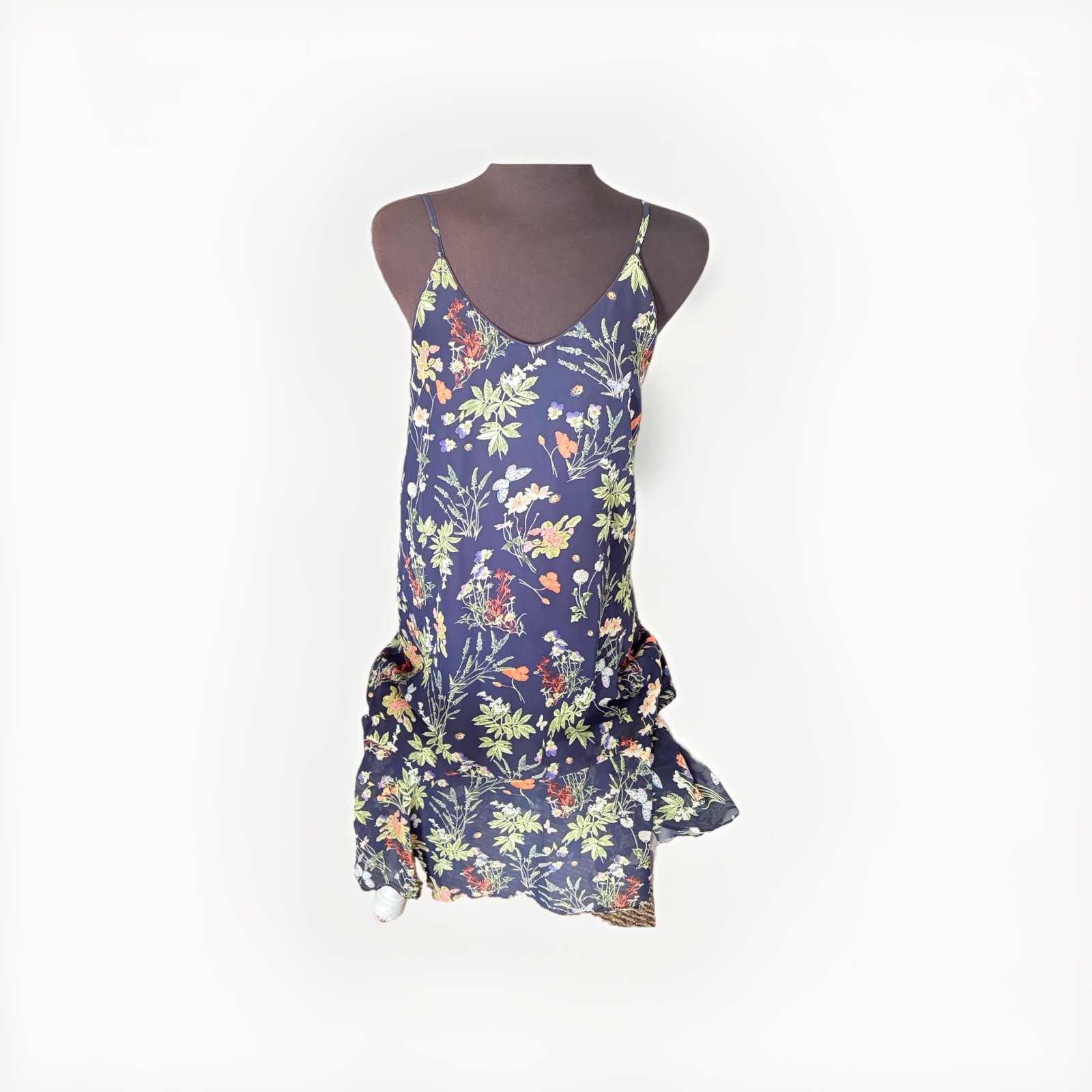 Womens Navy Blue Blooming Bouquet Floral Print V-neck Slip Dress Sz S