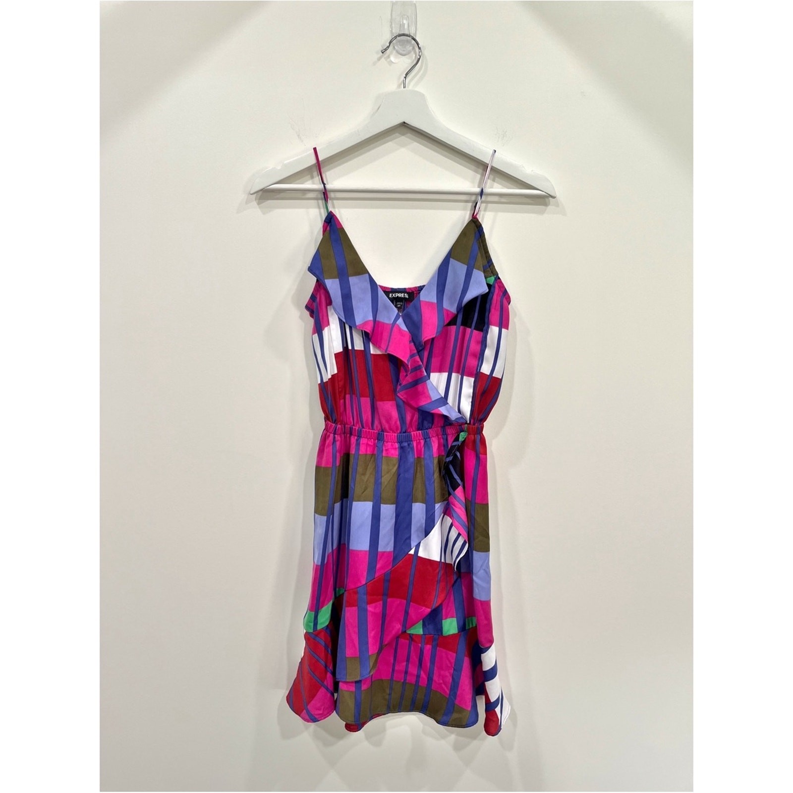 Express Geometric Print Ruffle Wrap Dress XS Pink Blue Multicolor Sleeveless