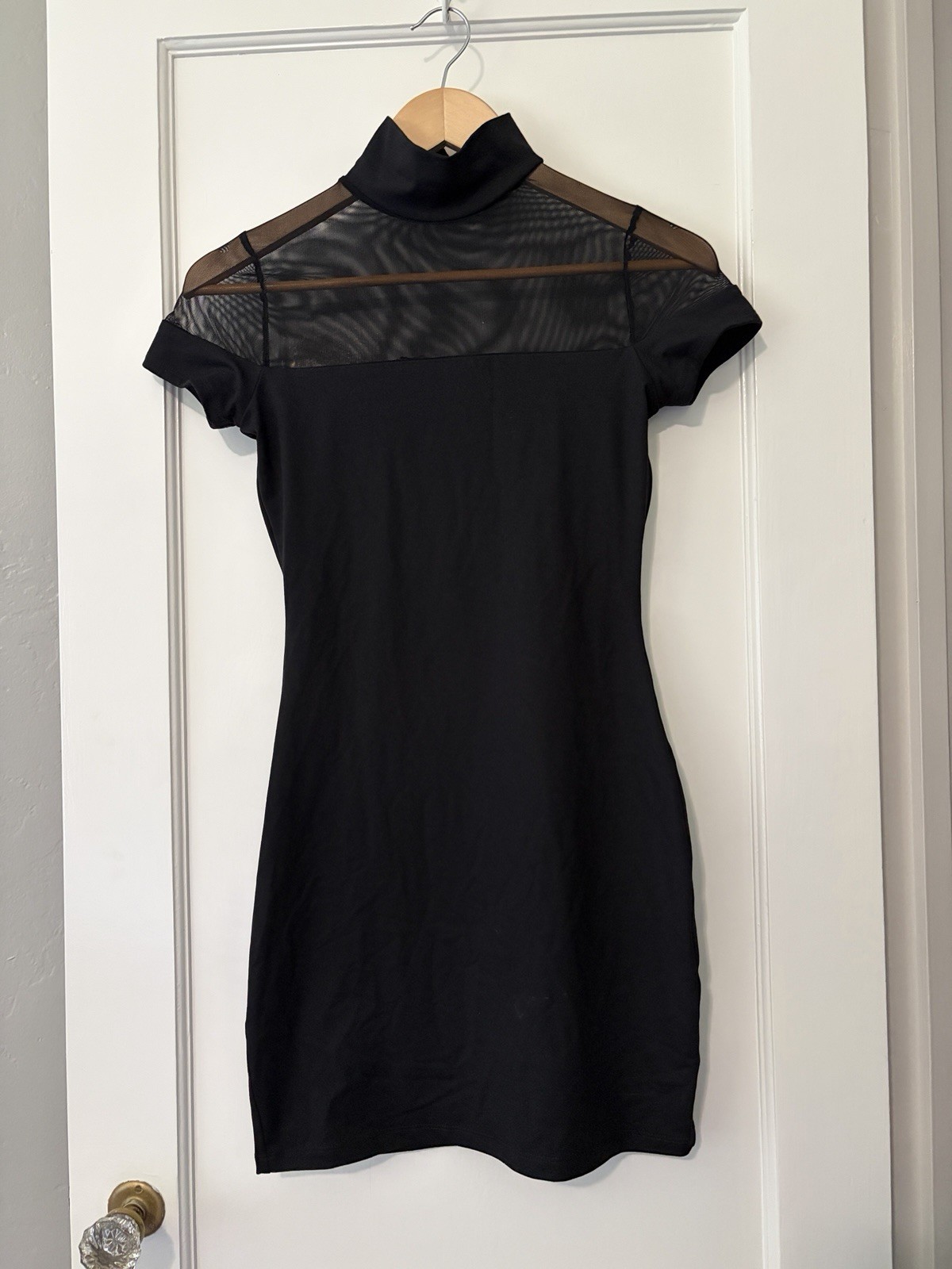 NWT Susana Monaco XS Black Mesh Mock Neck Bodycon Mini Dress Sheer LBD Made USA