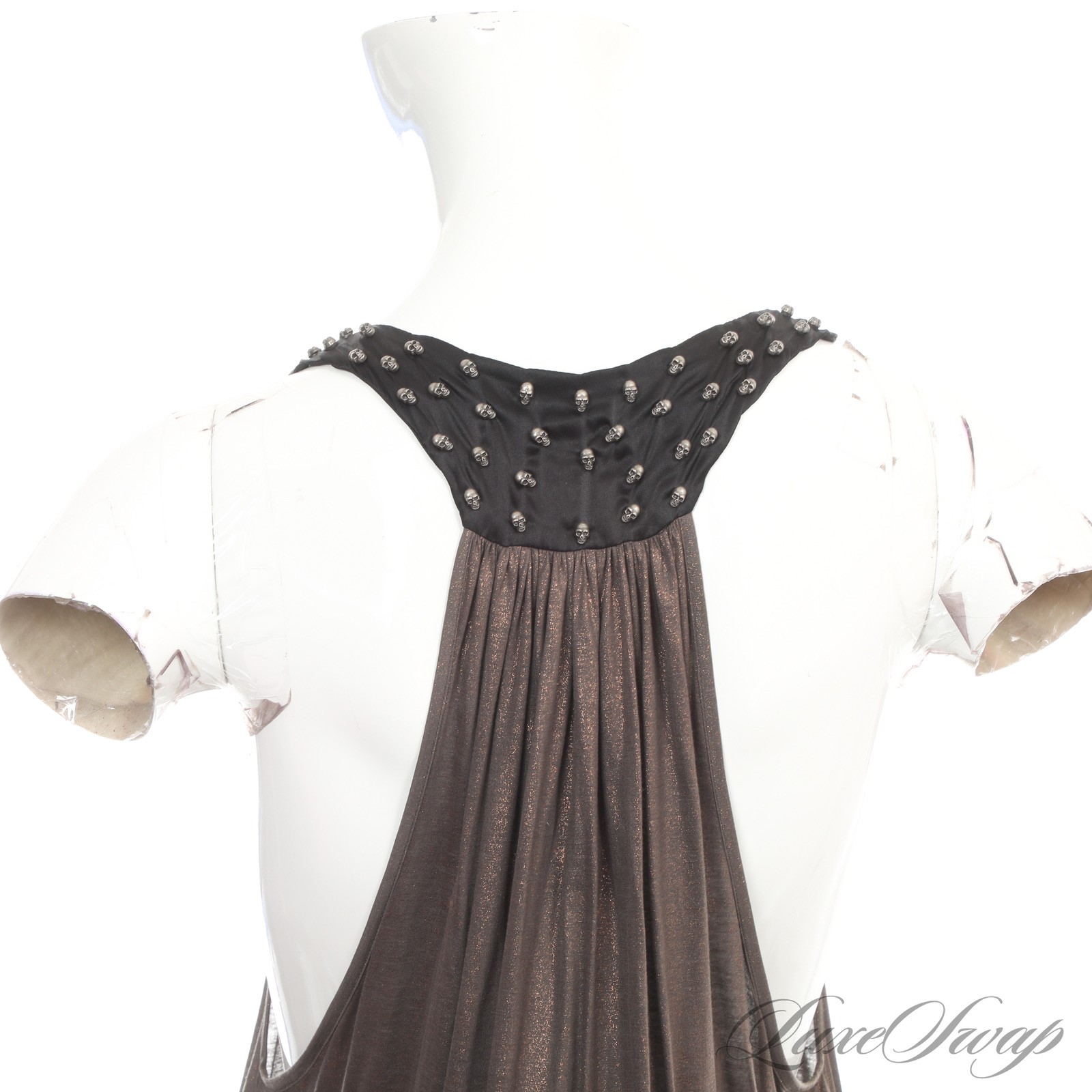 Y2K 2000s Thomas Wylde Black Multi Draped Shimmer Skull Motif Babydoll Dress XS
