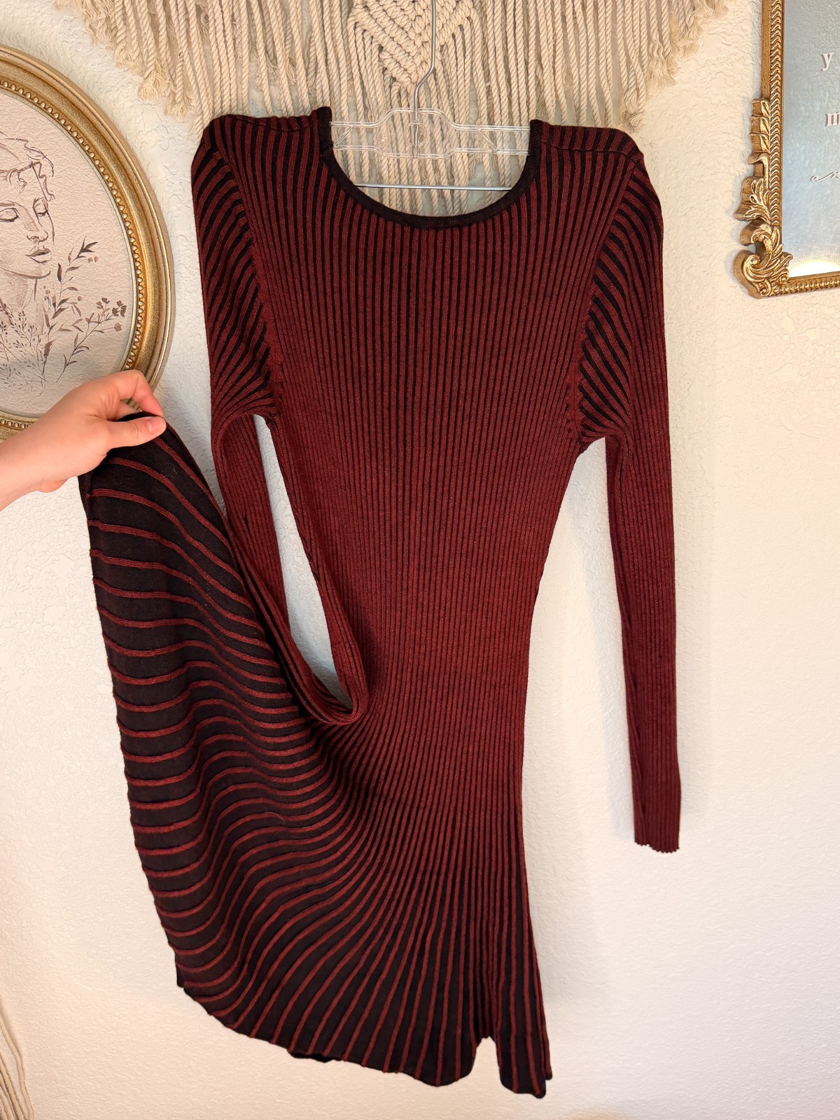 Express Burgundy Ribbed Knit Sweater Dress Long Sleeve Fit & Flare Medium