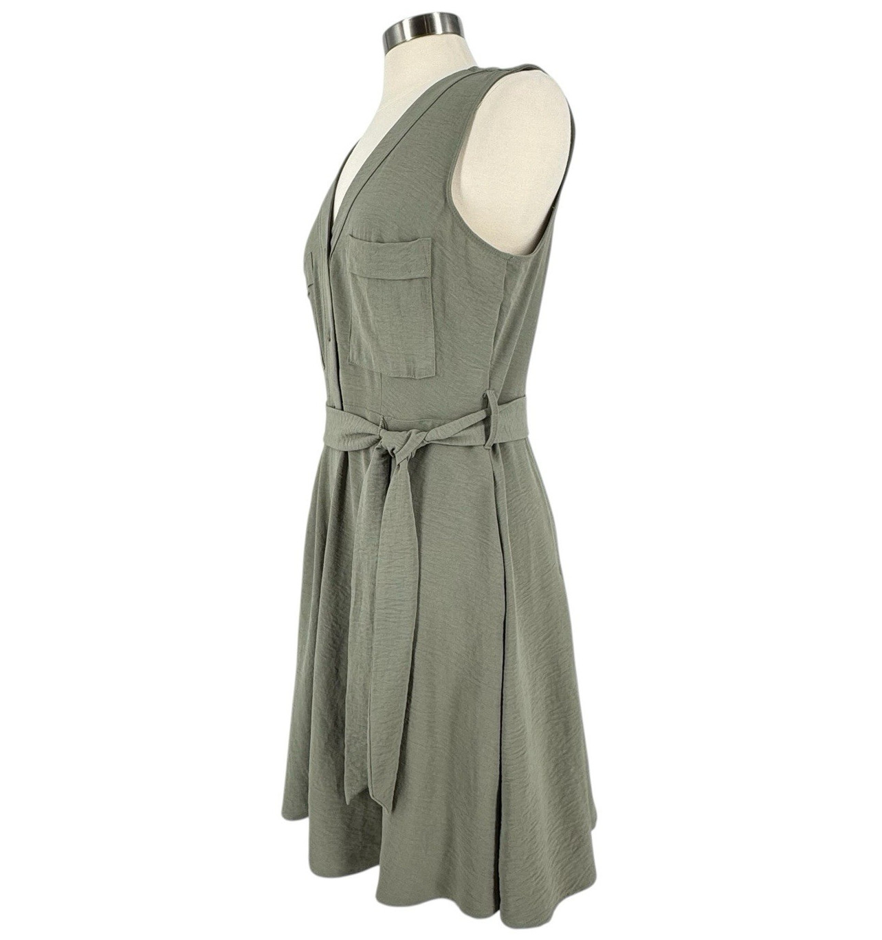 DKNY Sleeveless Button Front Belted Dress Pockets Olive Green Women’s 12 Utility