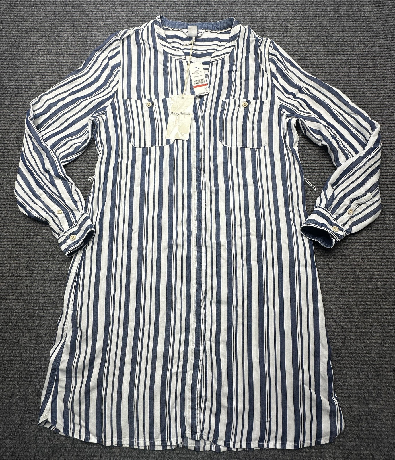 Tommy Bahama Dress Womens XS Blue White Stripe Shirt Long Sleeve Tencel Pockets