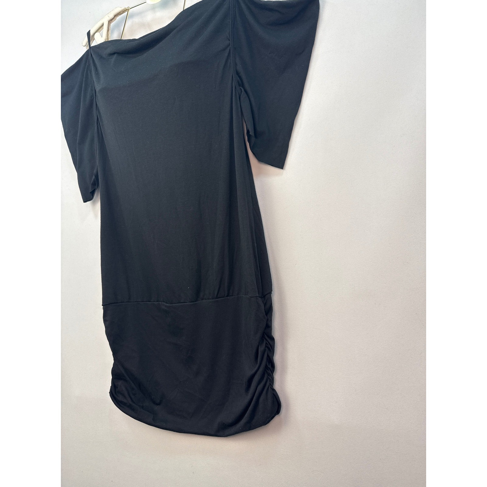 French Atmosphere Black Cold Shoulder Ruched Mini Dress Large 5477 Made in USA