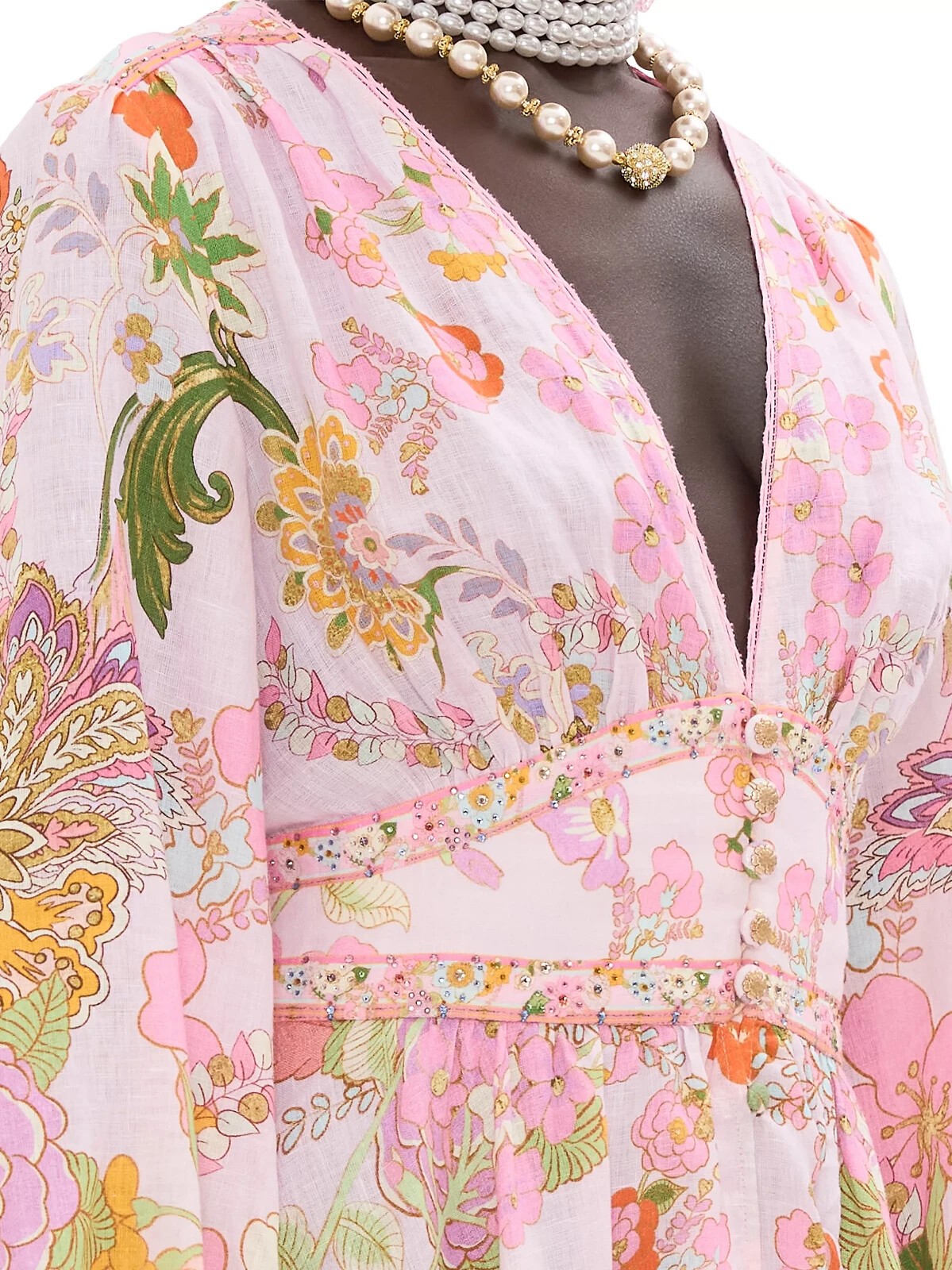 CAMILLA “Clever Clogs” Linen V-Neck Empire Waist Floral Smocked Maxi Dress, M