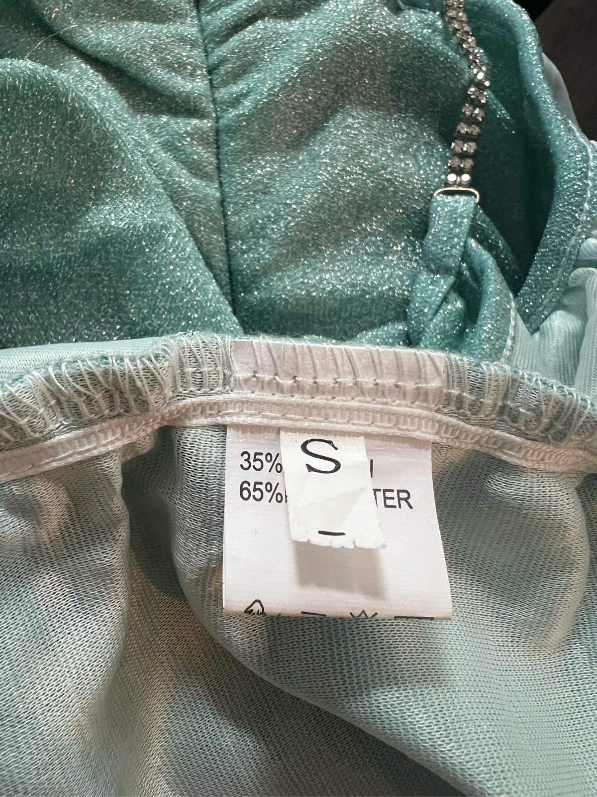 Teal Glitter Ruched Bodycon Mini Dress Rhinestone Chain Straps Sleeveless