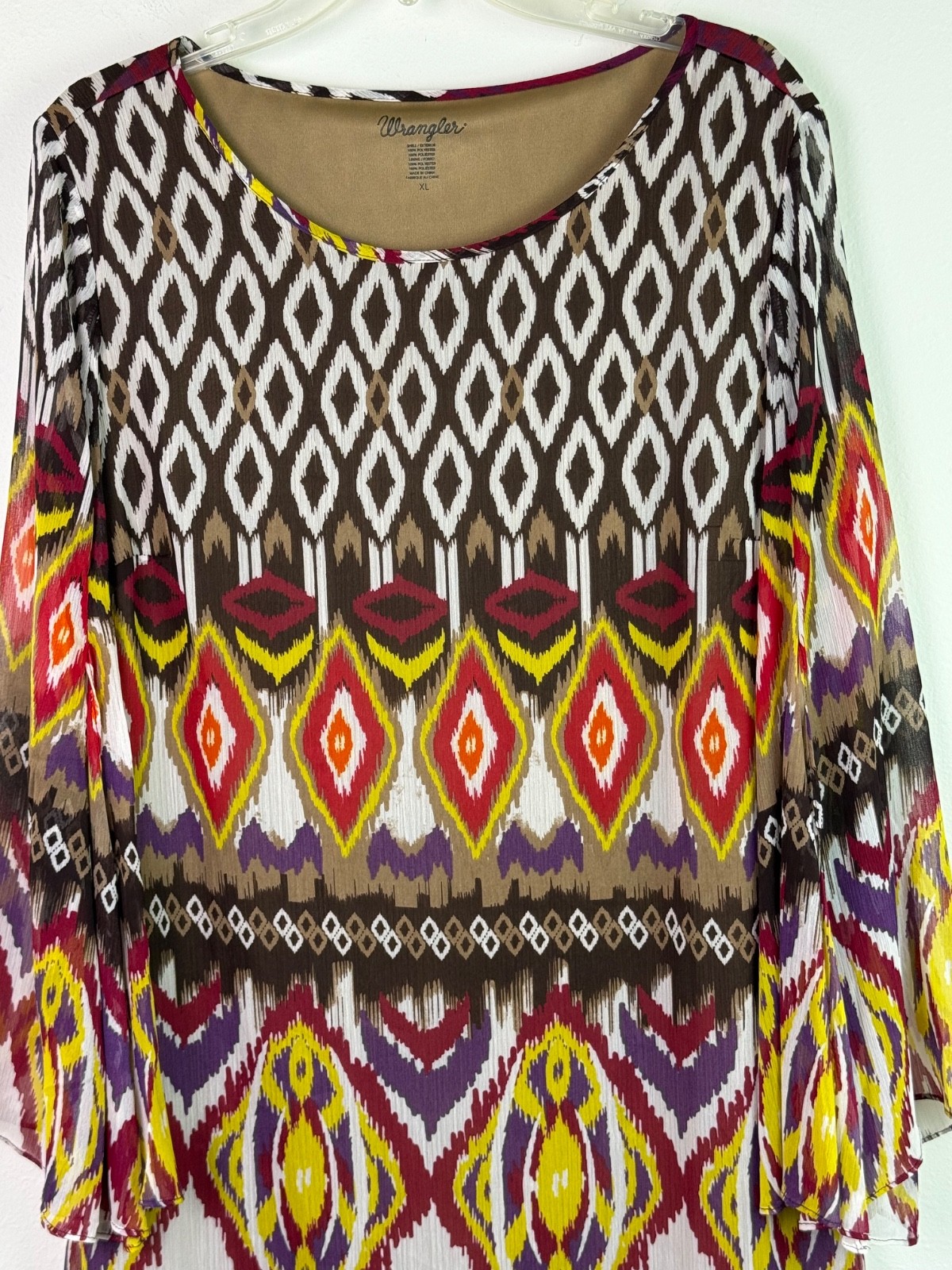 Wrangler Aztec Ikat Print Tunic Dress Size XL Bell Sleeve Boho Southwestern Chic