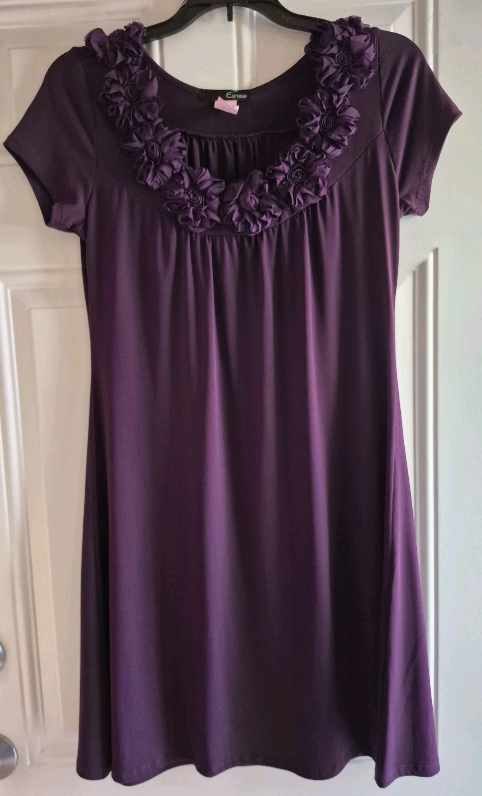 ESPRESSO Stretch Knit Dress – X – Scoop Neck w/Floral (Fabric) Trim, Short Slvs