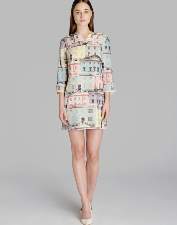 Ted Baker London Shift Dress sz 1 (US 4) Regency Houses Pastel Colors 3/4 Sleeve