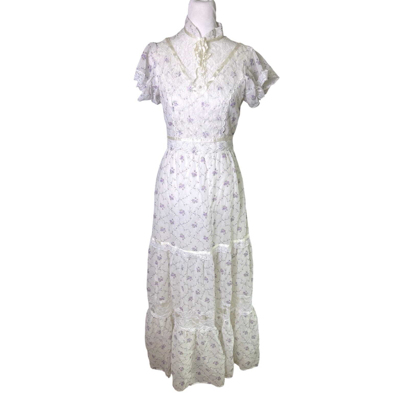 Vintage 70s Prairie Floral Lace Maxi Dress Cottagecore Romantic Boho Size 9